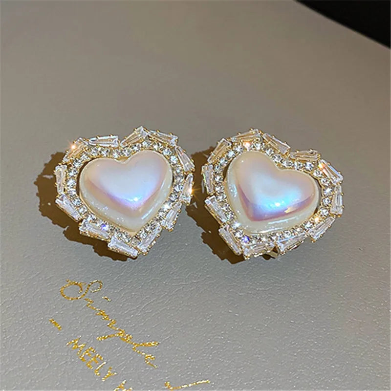 Korea Inlay Zircon Crystal Heart Stud Earrings For Women