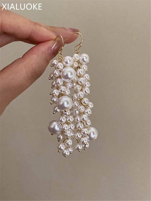 Long Tassels Pearl Drop Earrings Vintage Ear Hook Party Jewelry