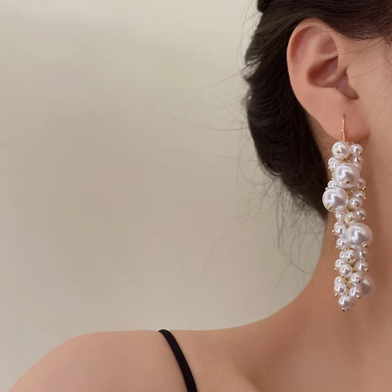 Long Tassels Pearl Drop Earrings Vintage Ear Hook Party Jewelry