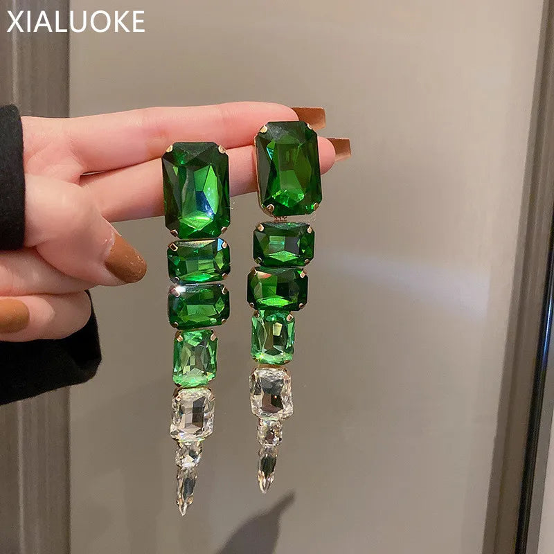 Green Crystal Tassel Drop Earrings Hyperbole Oversize Dangle Earrings