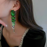 Green Crystal Tassel Drop Earrings Hyperbole Oversize Dangle Earrings