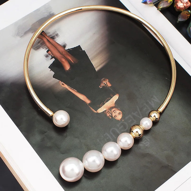 Metal Torques Simulated Pearl Choker Necklace