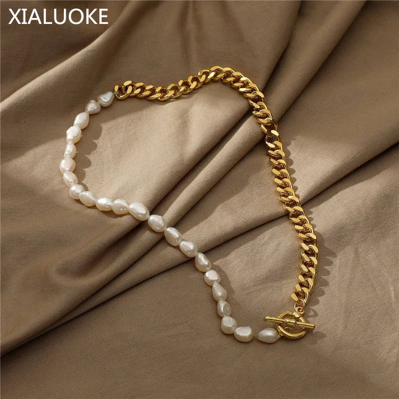 Punk Metal Chain Pearl Necklace Baroque Beaded Chokers Necklaces Party Jewelry