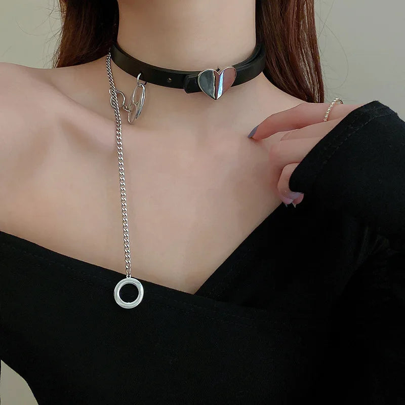 Punk Metal Heart Leather Torques Necklace For Women