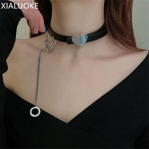 Punk Metal Heart Leather Torques Necklace For Women