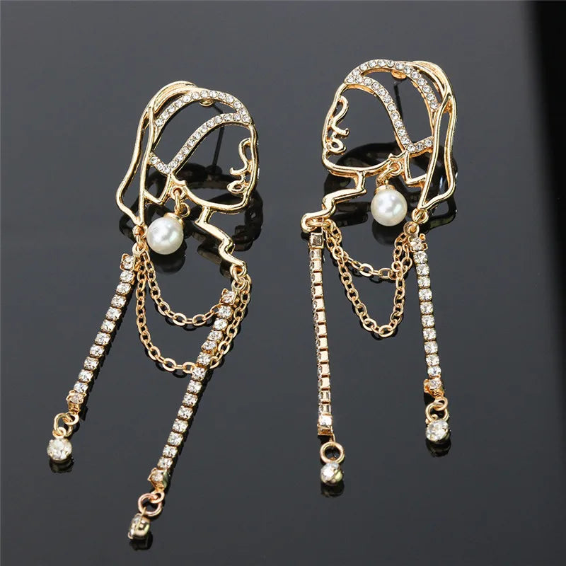 Needle Pearl Crystal Chain Earrings Pendant Vintage Hyperbole Long Women Jewelry