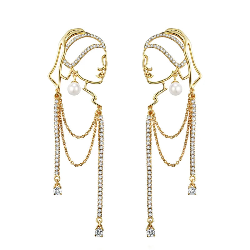 Needle Pearl Crystal Chain Earrings Pendant Vintage Hyperbole Long Women Jewelry