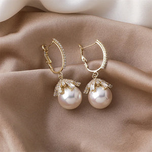 S925 Zircon Crystal Pearl Earrings Retro Lady Circular Earclip