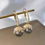S925 Zircon Crystal Pearl Earrings Retro Lady Circular Earclip