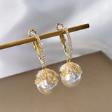 S925 Zircon Crystal Pearl Earrings Retro Lady Circular Earclip
