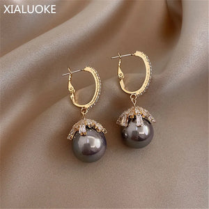 S925 Zircon Crystal Pearl Earrings Retro Lady Circular Earclip