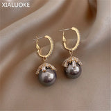 S925 Zircon Crystal Pearl Earrings Retro Lady Circular Earclip