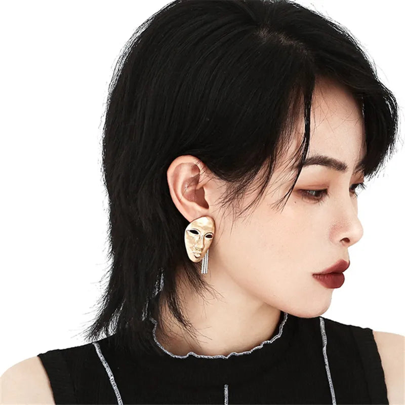 Punk Metal Chain Tassel Face Stud Earrings Vintage Hyperbole Portrait