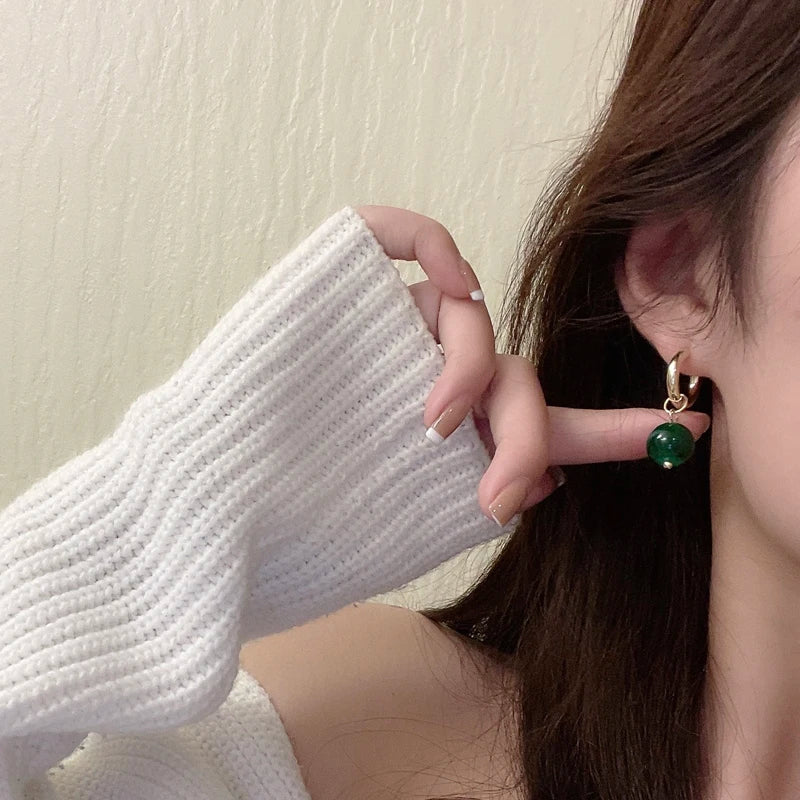 Vintage Green Glass Stone Earring Asymmetric Geometry Round Hoop Earrings