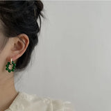 Vintage Green Glass Stone Earring Asymmetric Geometry Round Hoop Earrings