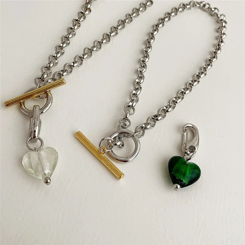 Vintage Green Glass Pendant Necklace for Women