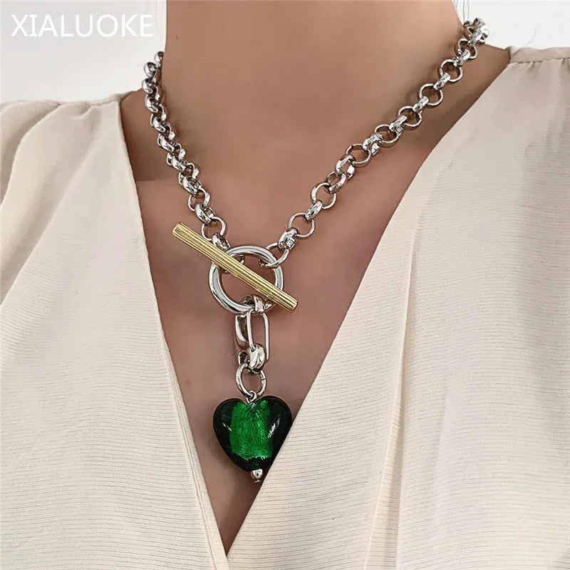Vintage Green Glass Pendant Necklace for Women