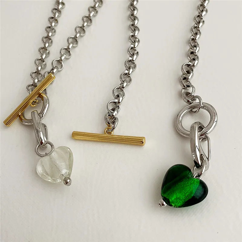 Vintage Green Glass Pendant Necklace for Women