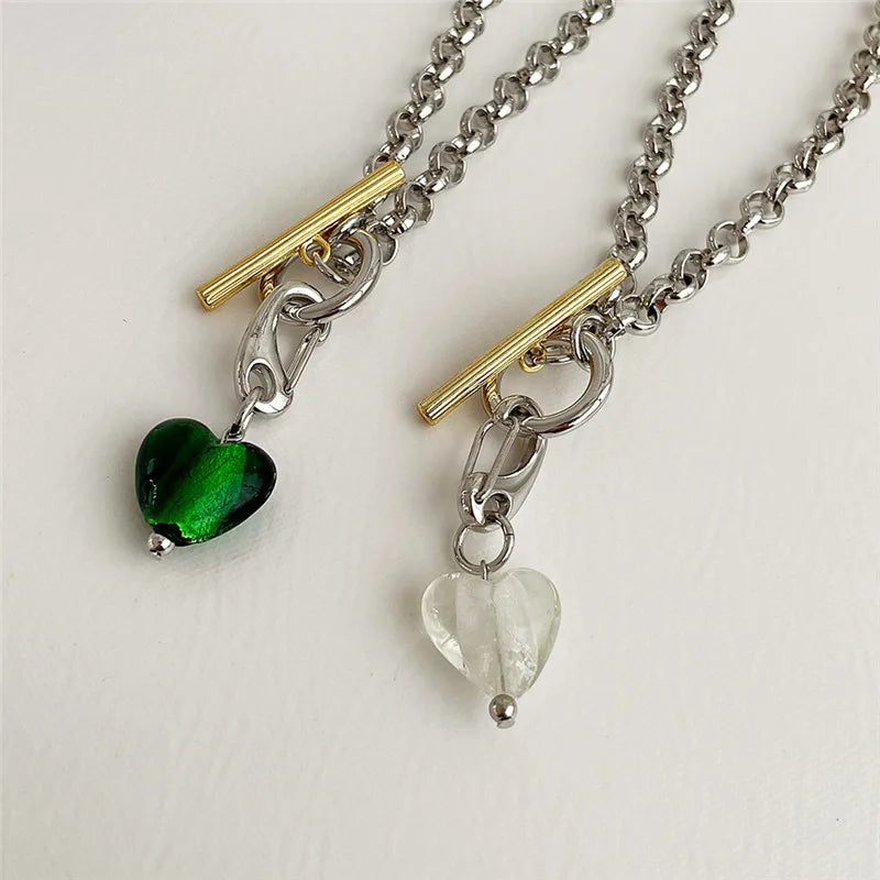 Vintage Green Glass Pendant Necklace for Women