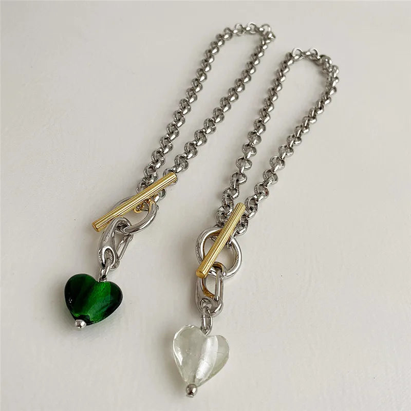 Vintage Green Glass Pendant Necklace for Women