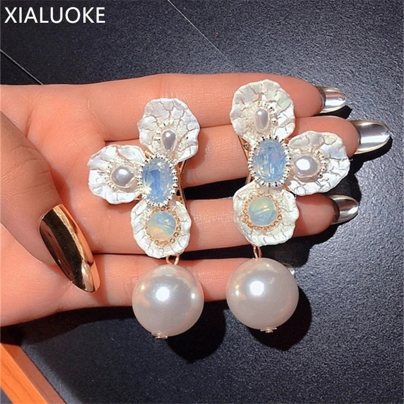 Vintage Acrylic Flower Pearl Crystal Moonstone Earrings