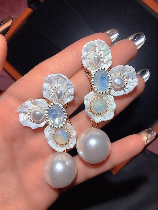 Vintage Acrylic Flower Pearl Crystal Moonstone Earrings