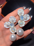 Vintage Acrylic Flower Pearl Crystal Moonstone Earrings