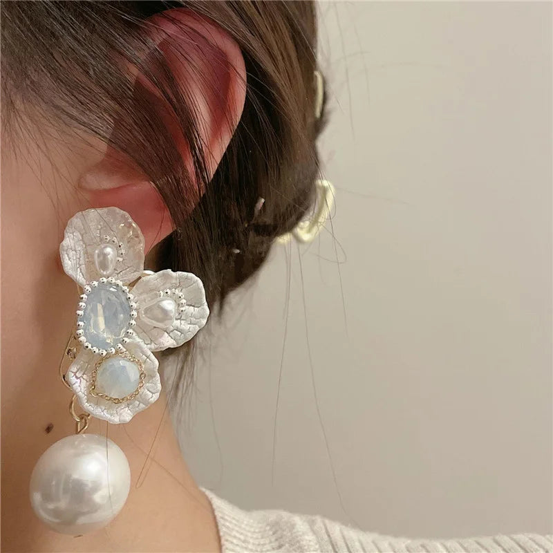 Vintage Acrylic Flower Pearl Crystal Moonstone Earrings