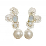 Vintage Acrylic Flower Pearl Crystal Moonstone Earrings