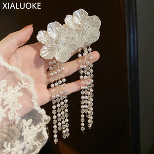 Vintage Tassel Acrylic Flower Crystal Drop Earrings for Women