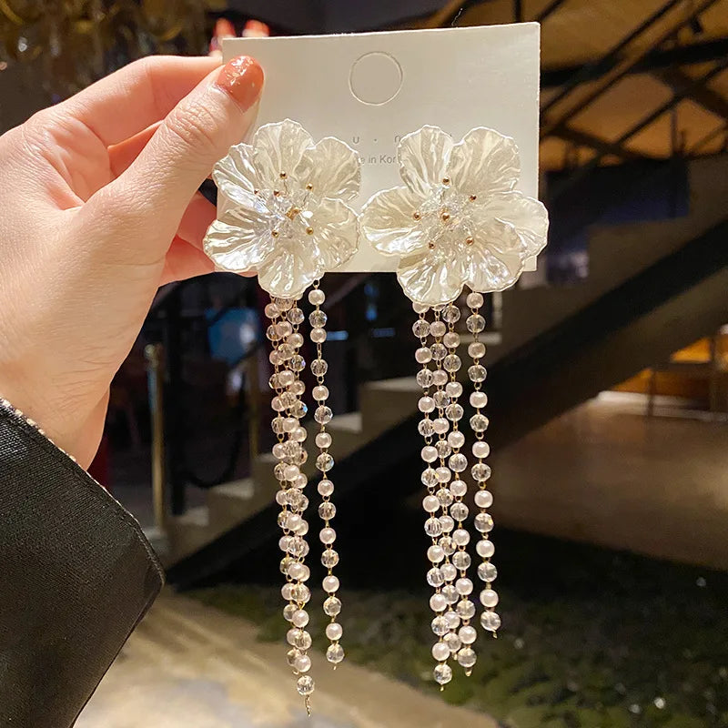 Vintage Tassel Acrylic Flower Crystal Drop Earrings for Women
