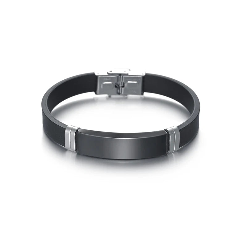 Silver Engraved Silicone Bracelet Stainless Steel Personalized Custom