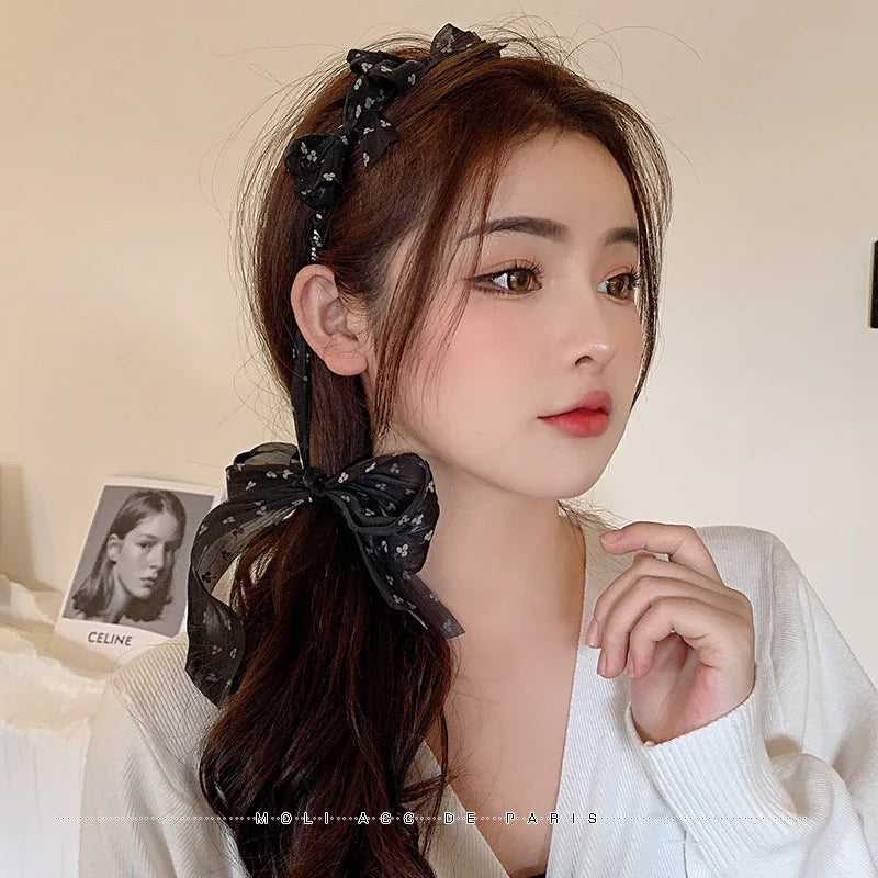 Fairy Rhinestones Ribbon Hair Hoop Women Double Ponytail
