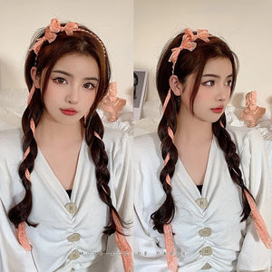Fairy Rhinestones Ribbon Hair Hoop Women Double Ponytail