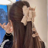 Cute Girl Hairball Bow Catch Clip Tassel Hairpin Pearl Hair Chain Headband