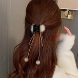 Cute Girl Hairball Bow Catch Clip Tassel Hairpin Pearl Hair Chain Headband