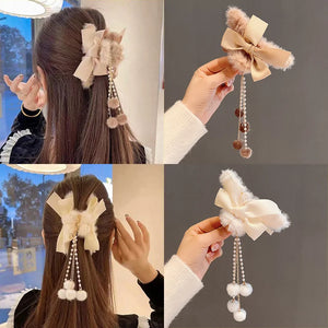 Cute Girl Hairball Bow Catch Clip Tassel Hairpin Pearl Hair Chain Headband