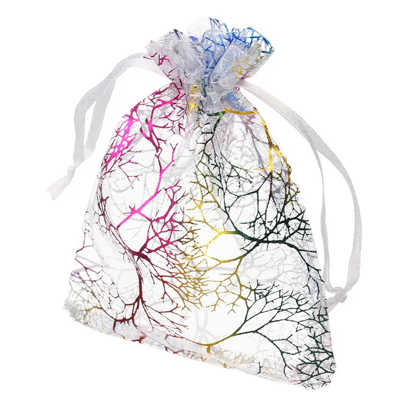 25pcs Coral Pattern Organza Drawstring Pouches Wedding Party Candy Jewelry Bags