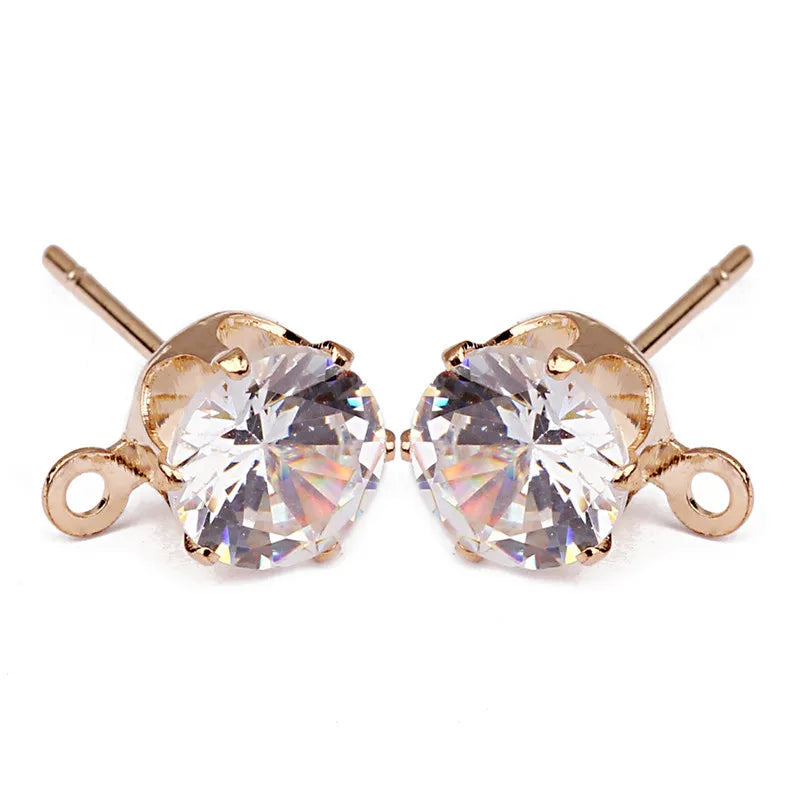 50pcs CZ Zircon Stud Earrings 6/8mm Copper Rhodium Loop Findings