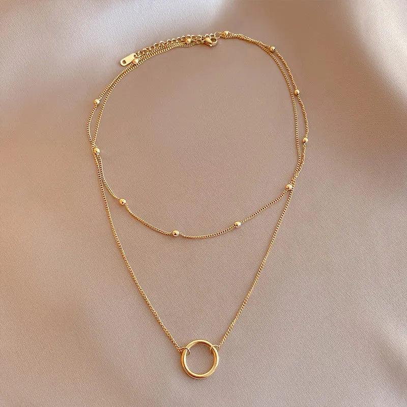 316L Stainless Steel 2 Layer Circle Pendant Necklace For Women Choker Party Gift