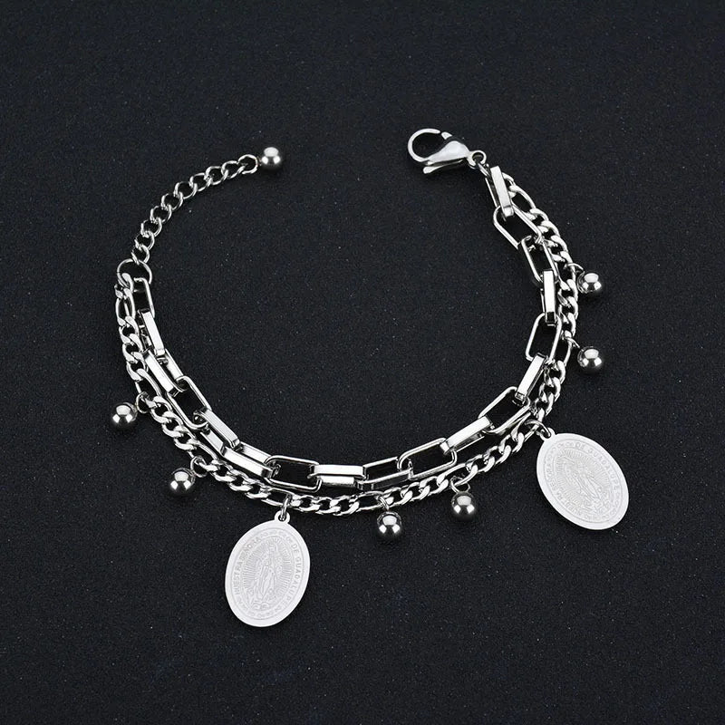 Layered Silver Round Coin Bracelet for Women Party Jewelry Gift