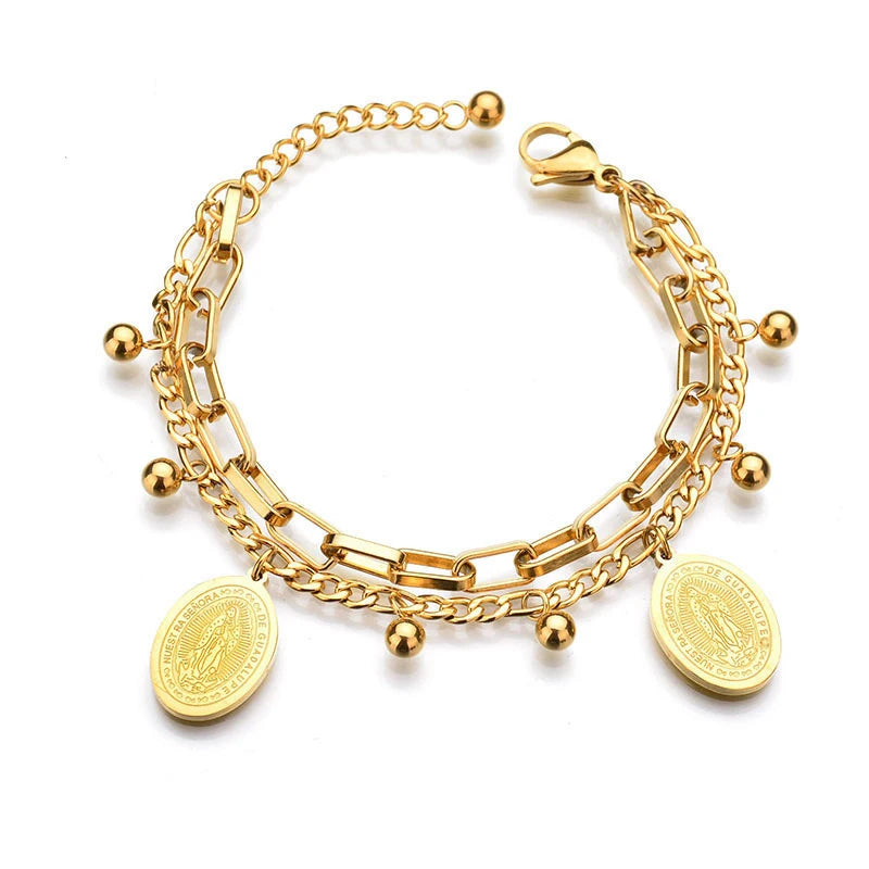Layered Silver Round Coin Bracelet for Women Party Jewelry Gift