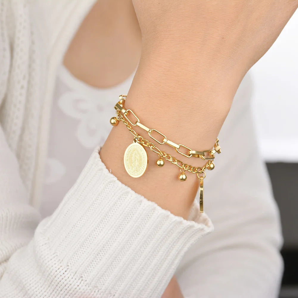 Layered Silver Round Coin Bracelet for Women Party Jewelry Gift