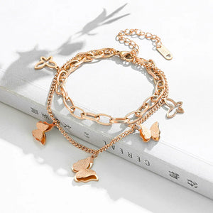 316L Stainless Steel 2 Layer Butterfly Bracelets Thick Chain For Women