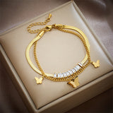 316L Stainless Steel Butterfly Zircon Pendant Double Chain Bracelet for Women