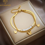 316L Stainless Steel Butterfly Zircon Pendant Double Chain Bracelet for Women