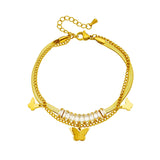 316L Stainless Steel Butterfly Zircon Pendant Double Chain Bracelet for Women
