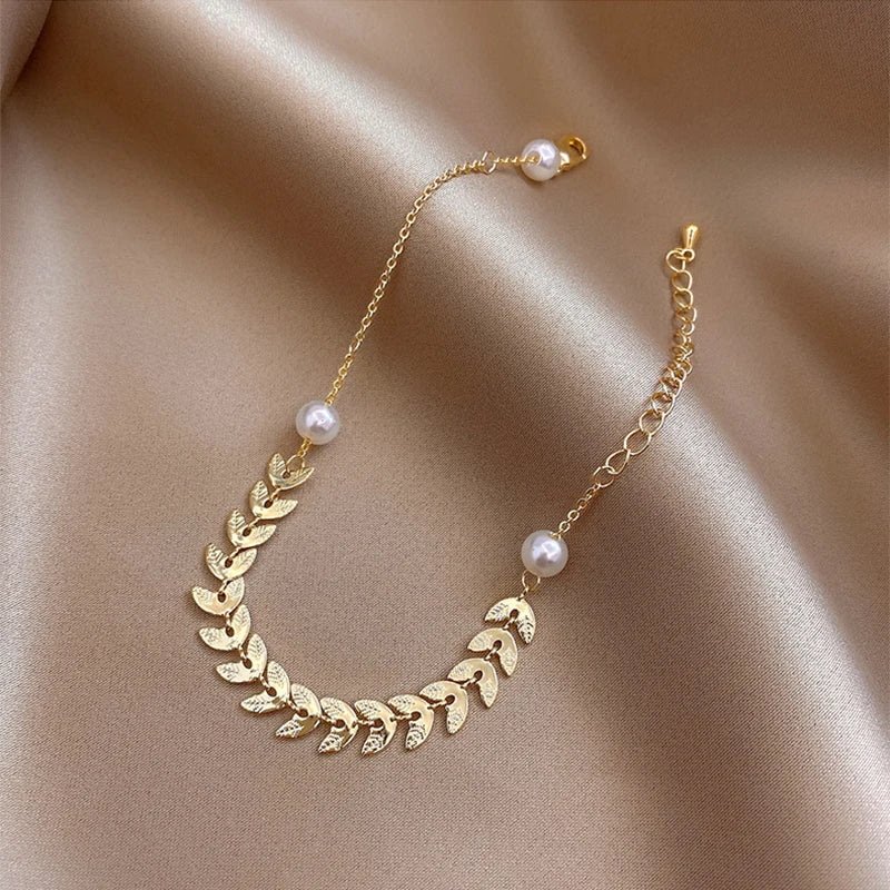 Vintage Pearl Bracelet 316L Stainless Steel Leaves Bracelet for Women