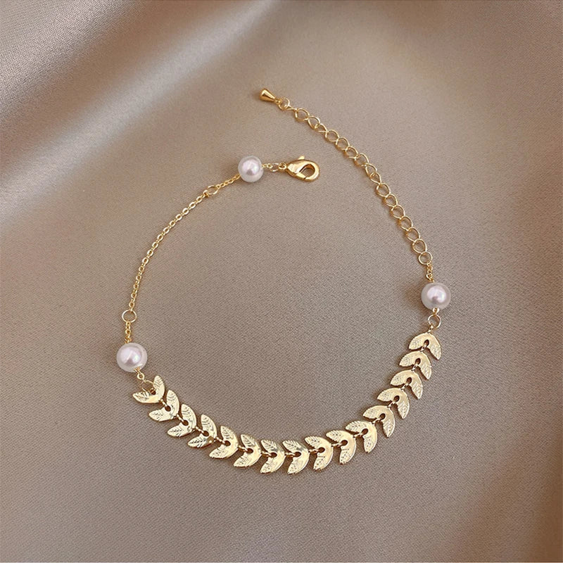 Vintage Pearl Bracelet 316L Stainless Steel Leaves Bracelet for Women