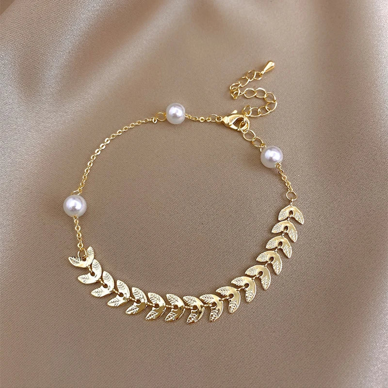 Vintage Pearl Bracelet 316L Stainless Steel Leaves Bracelet for Women
